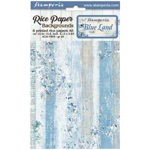 Stamperia Selection of 8 A6 Rice Paper Backgrounds Blue Land