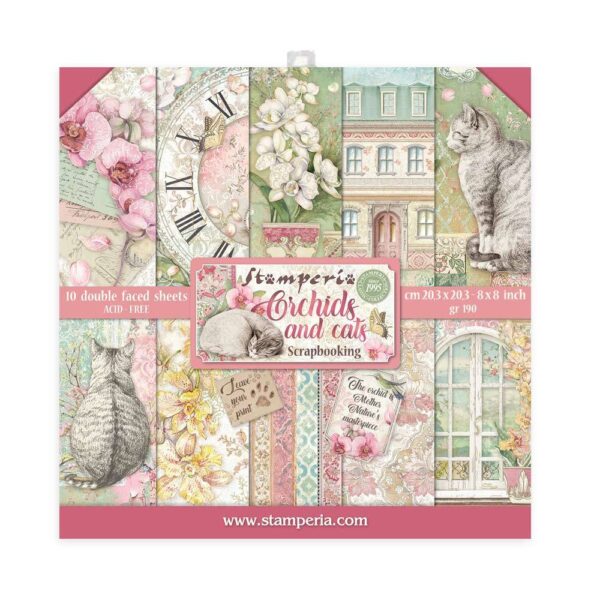 Stamperia Mini Scrapbooking Pad 10 Double Sided Sheets 20.3 x 20.3 cm (8 x8 ) Orchids And Cats